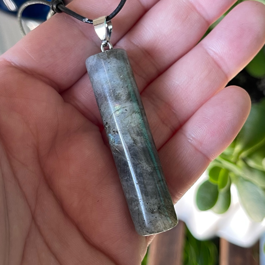 Labradorite Crystal Pendant On Leather Necklace